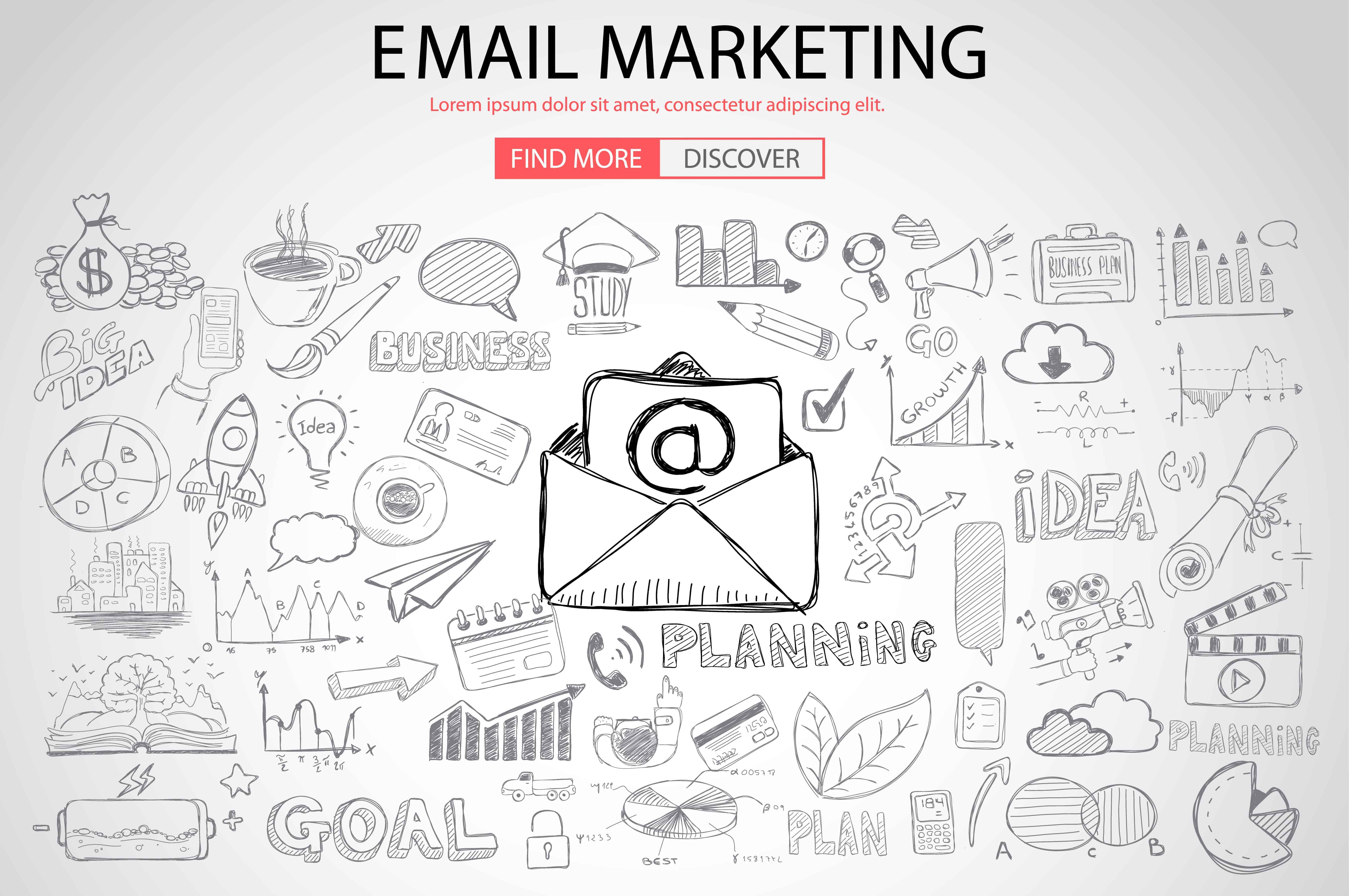 Email Marketing with Doodle design style :sending visual emails, promotions, creative designs. Modern style illustration for web banners, brochure and flyers.
